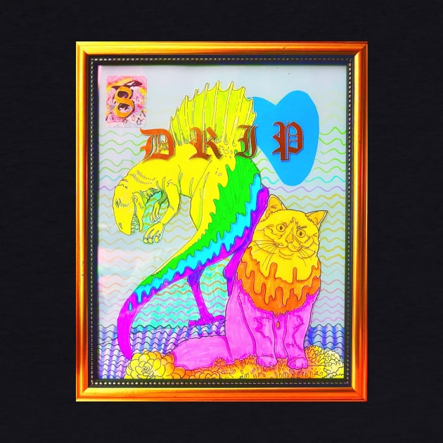 Rainbow Dinosaur Cat Coloring Book Collage Framed Art Drip Y2K Design by TriangleWorship